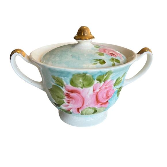 Hand Painted Porcelain Sugar Or Honey Bowl Lid Blue Pink Roses Gold Trim Signed - Picture 1 of 16